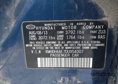 2013 Hyundai Elantra Gls from USA, damaged, VIN KMHDH4AE7DU954007